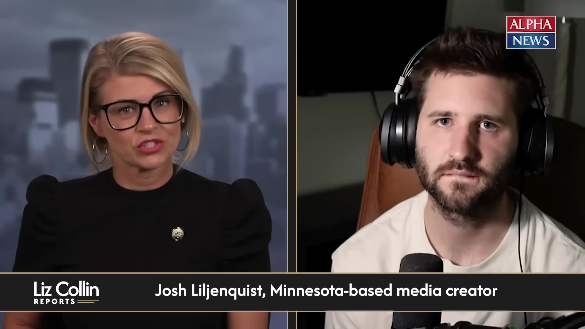 Liz Collin interviews Josh Liljenquist in an Alpha News split-screen report about the St. Paul parks restriction.