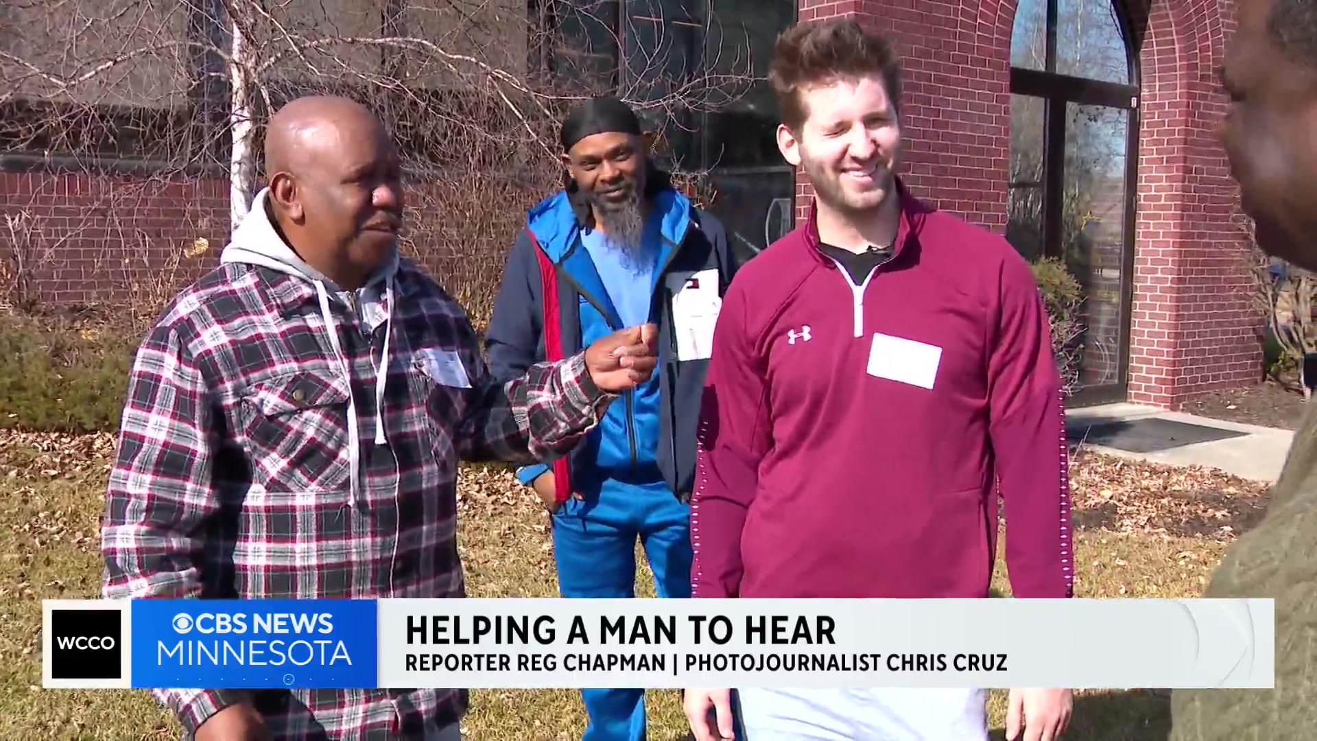 Josh Liljenquist speaking with Eric Foster in a CBS News Minnesota report about hearing aids provided through Starkey Cares.