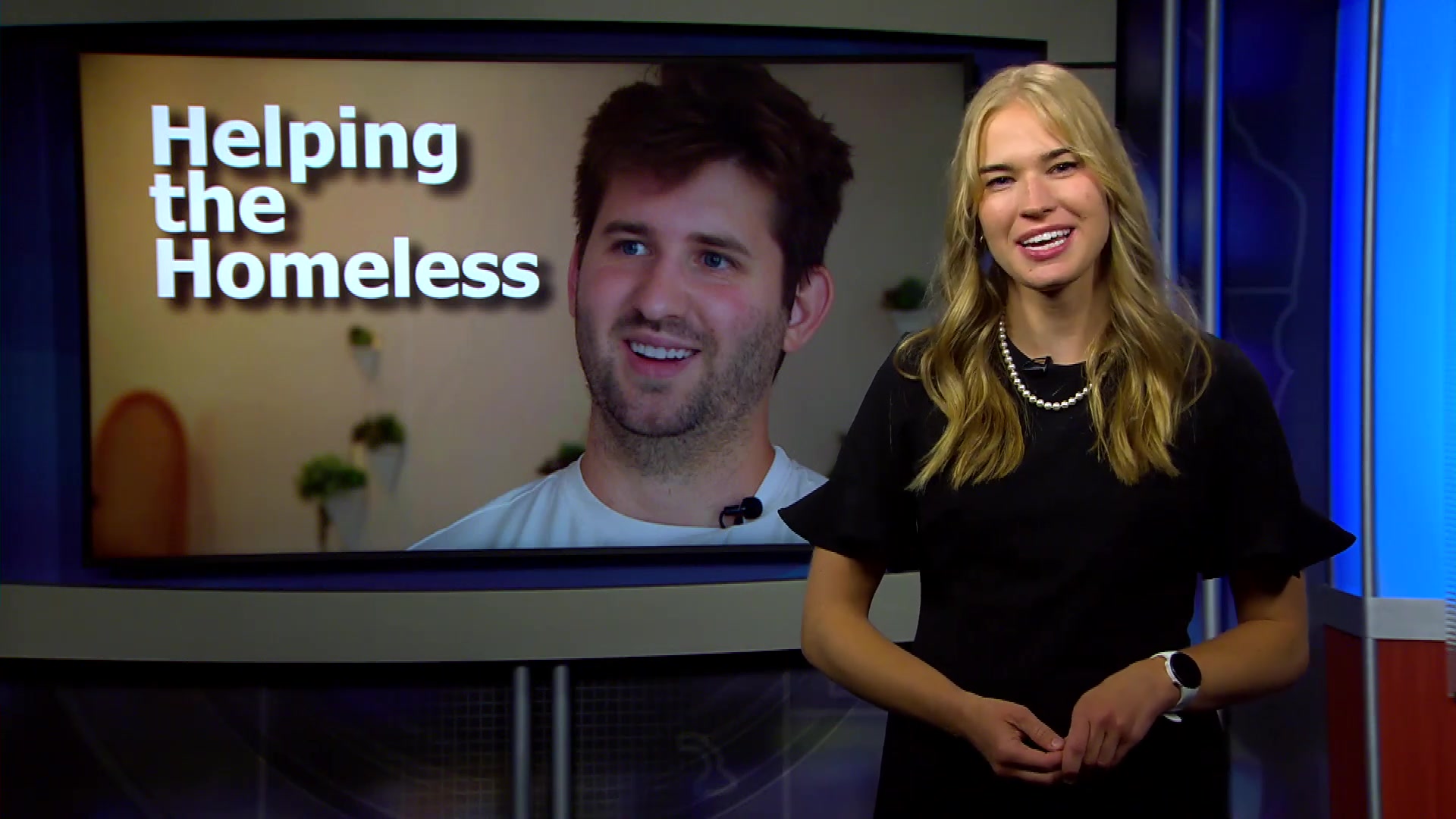 A CCX News presenter introduces a report about Josh Liljenquist, with his image and the words Helping the Homeless on the studio screen.