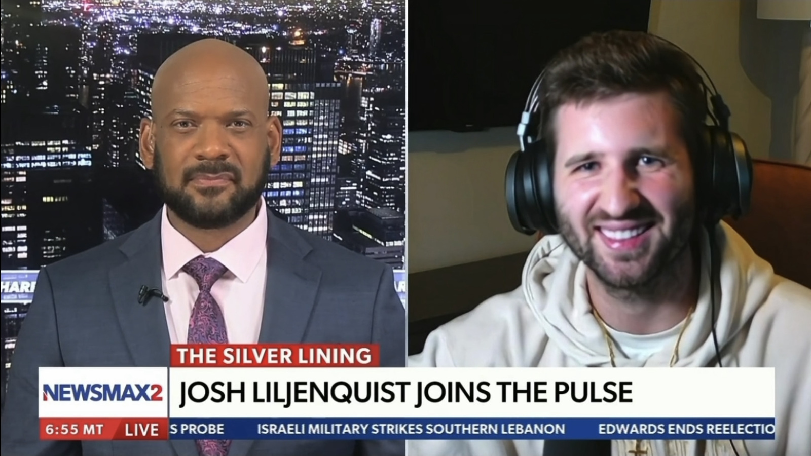 David J. Harris Jr. interviews Josh Liljenquist in a split-screen Newsmax2 segment with the lower third ‘Josh Liljenquist Joins The Pulse.’