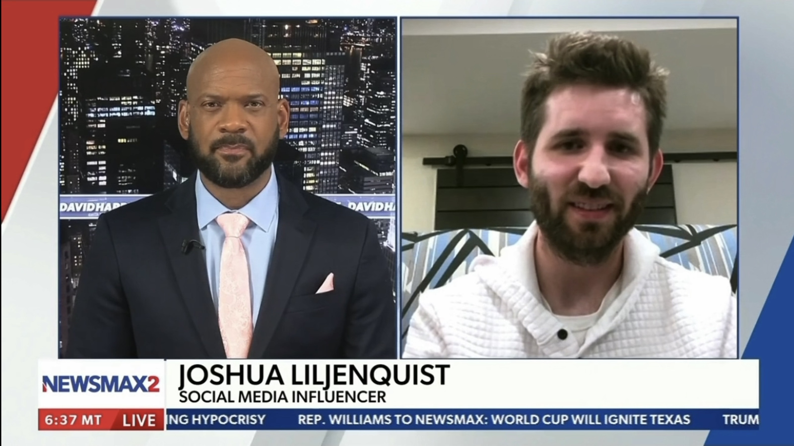 David J. Harris Jr. and Josh Liljenquist appear in a split-screen Newsmax2 interview.